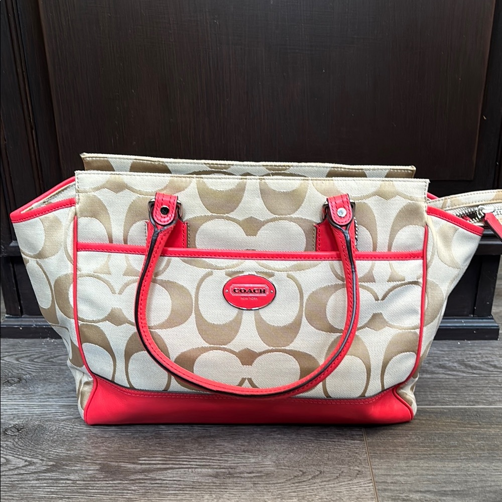 Coach Cream and Red Tote Bag with Signature Monogram